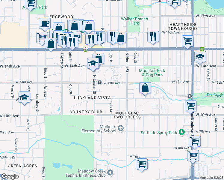 map of restaurants, bars, coffee shops, grocery stores, and more near 6150 West 13th Avenue in Lakewood