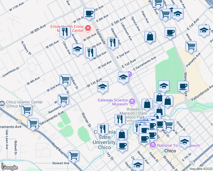 map of restaurants, bars, coffee shops, grocery stores, and more near 228 West Sacramento Avenue in Chico