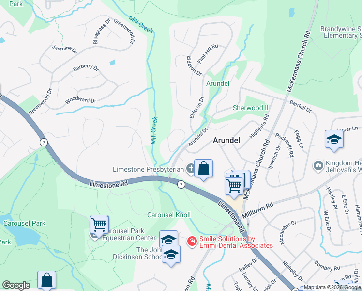 map of restaurants, bars, coffee shops, grocery stores, and more near 2909 Crossfork Drive in Wilmington