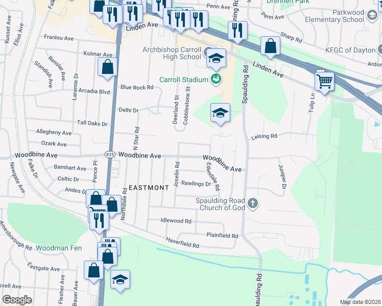 map of restaurants, bars, coffee shops, grocery stores, and more near 5324 Middlebury Road in Dayton