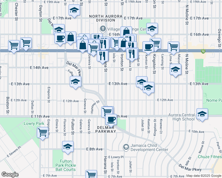 map of restaurants, bars, coffee shops, grocery stores, and more near 1275 Iola Street in Aurora