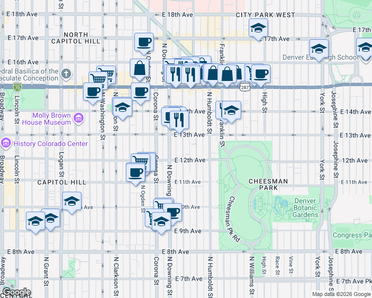 map of restaurants, bars, coffee shops, grocery stores, and more near 1270 North Marion Street in Denver