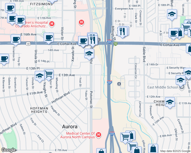 map of restaurants, bars, coffee shops, grocery stores, and more near 13712 East 13th Avenue in Aurora