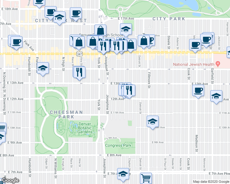 map of restaurants, bars, coffee shops, grocery stores, and more near 1269 Columbine Street in Denver