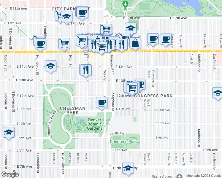 map of restaurants, bars, coffee shops, grocery stores, and more near 1260 York Street in Denver