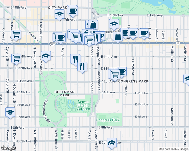 map of restaurants, bars, coffee shops, grocery stores, and more near 1260 York Street in Denver