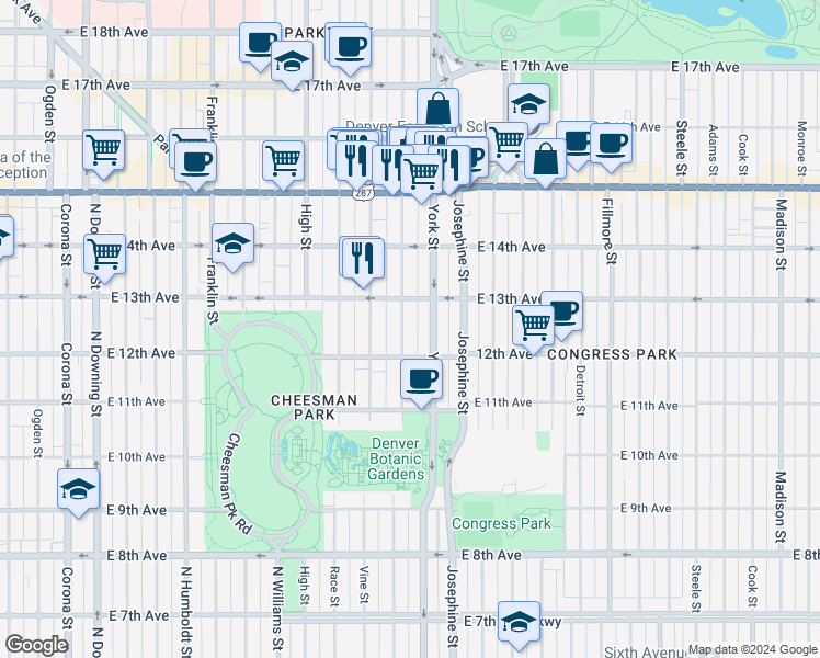 map of restaurants, bars, coffee shops, grocery stores, and more near 1272 North Gaylord Street in Denver