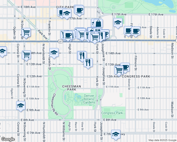 map of restaurants, bars, coffee shops, grocery stores, and more near 1272 North Gaylord Street in Denver