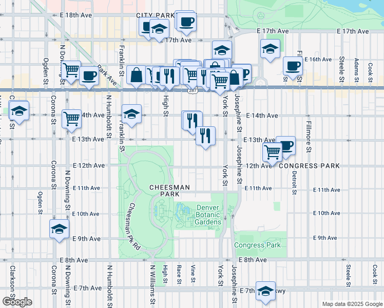 map of restaurants, bars, coffee shops, grocery stores, and more near in Denver