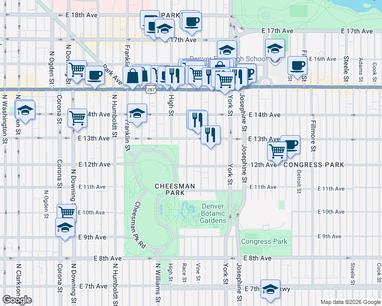 map of restaurants, bars, coffee shops, grocery stores, and more near in Denver
