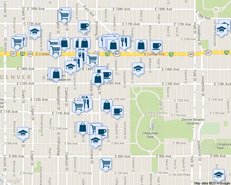map of restaurants, bars, coffee shops, grocery stores, and more near 1270 North Marion Street in Denver