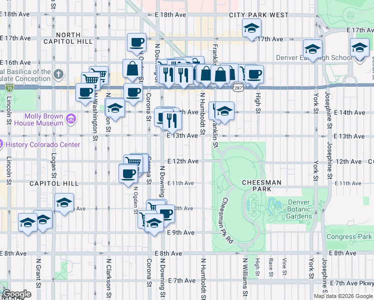 map of restaurants, bars, coffee shops, grocery stores, and more near 1270 North Marion Street in Denver