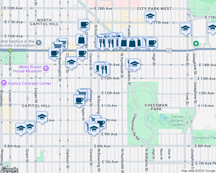 map of restaurants, bars, coffee shops, grocery stores, and more near 1270 North Marion Street in Denver