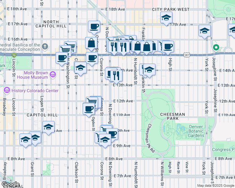 map of restaurants, bars, coffee shops, grocery stores, and more near 1270 North Marion Street in Denver