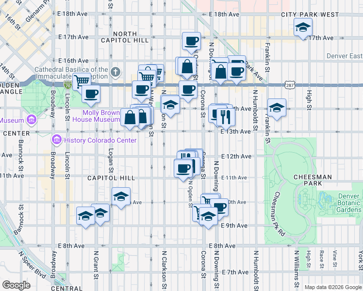 map of restaurants, bars, coffee shops, grocery stores, and more near 1276 Emerson Street in Denver