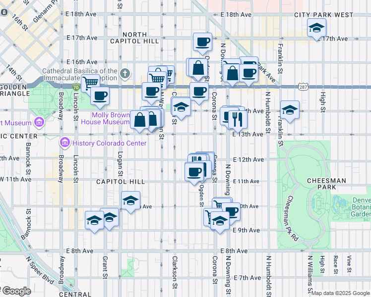 map of restaurants, bars, coffee shops, grocery stores, and more near 1270 Emerson Street in Denver