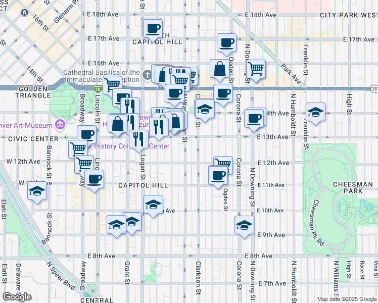 map of restaurants, bars, coffee shops, grocery stores, and more near 1275 North Washington Street in Denver