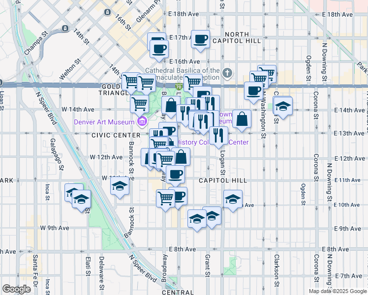 map of restaurants, bars, coffee shops, grocery stores, and more near 1271 Sherman Street in Denver