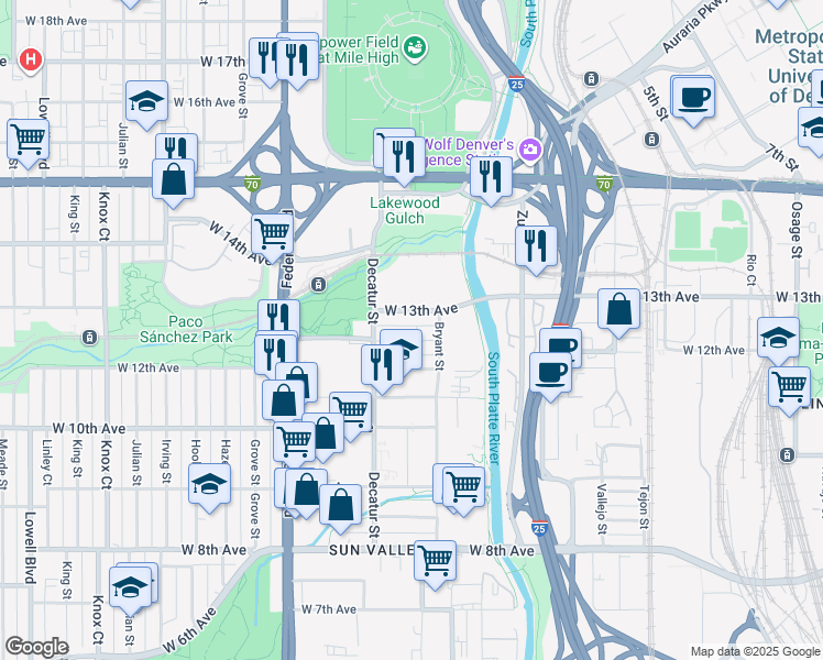 map of restaurants, bars, coffee shops, grocery stores, and more near 2728 West 13th Avenue in Denver