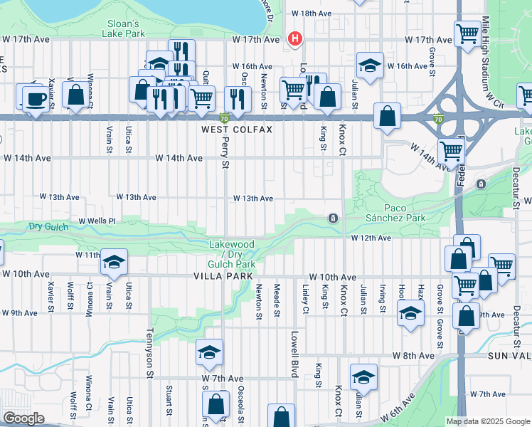 map of restaurants, bars, coffee shops, grocery stores, and more near 3848 West 13th Avenue in Denver