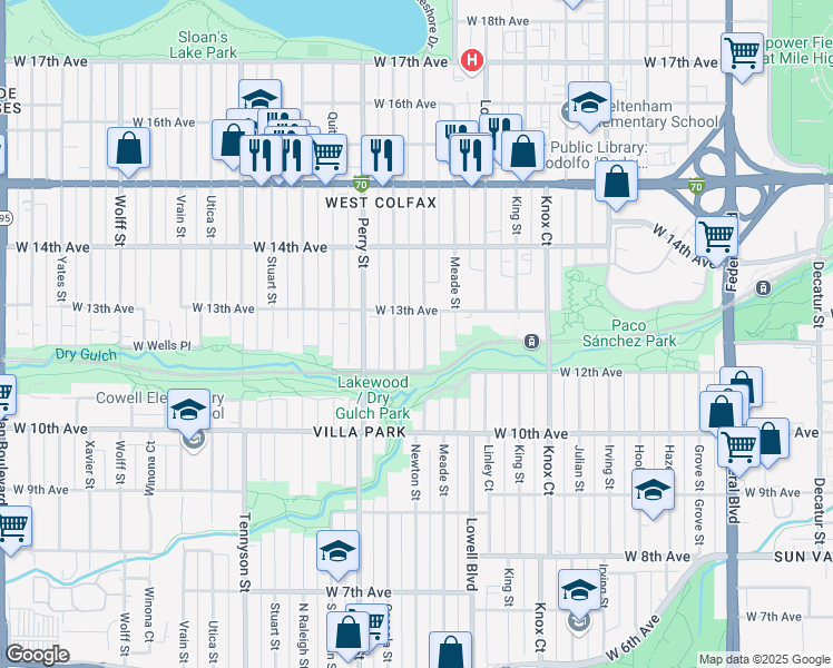 map of restaurants, bars, coffee shops, grocery stores, and more near 3848 West 13th Avenue in Denver