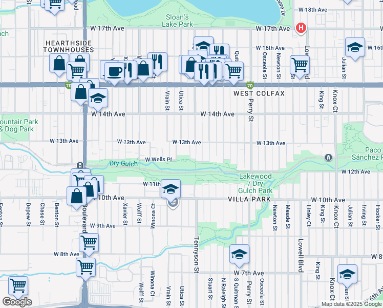 map of restaurants, bars, coffee shops, grocery stores, and more near 4444 West 13th Avenue in Denver