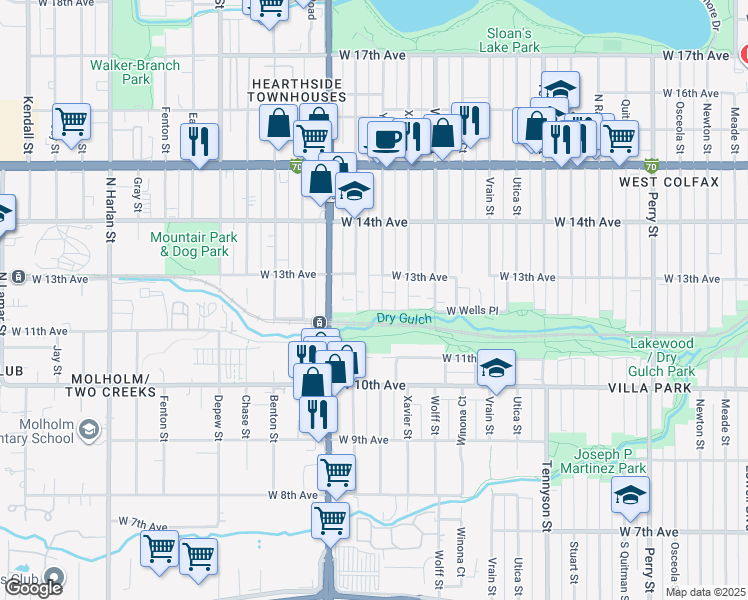 map of restaurants, bars, coffee shops, grocery stores, and more near 1285 Yates Street in Denver