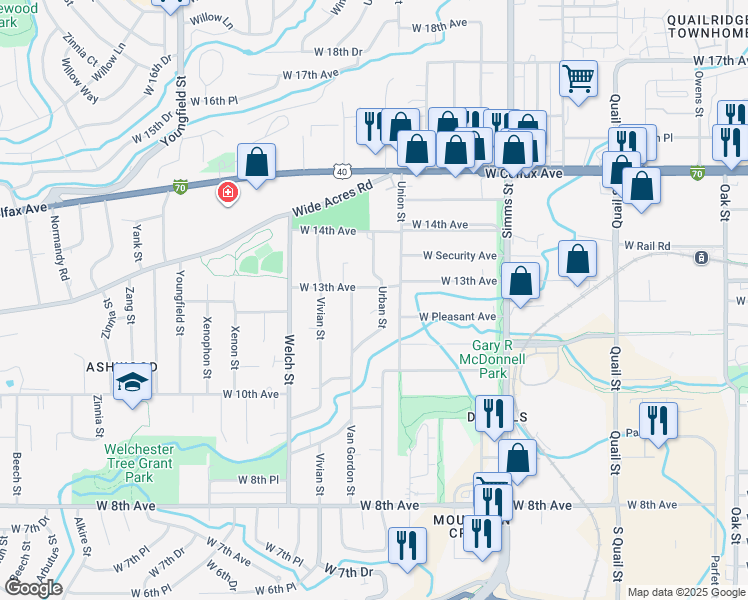 map of restaurants, bars, coffee shops, grocery stores, and more near 1301 Union Street in Golden