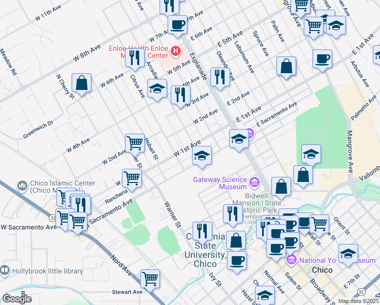 map of restaurants, bars, coffee shops, grocery stores, and more near 306 West 1st Avenue in Chico