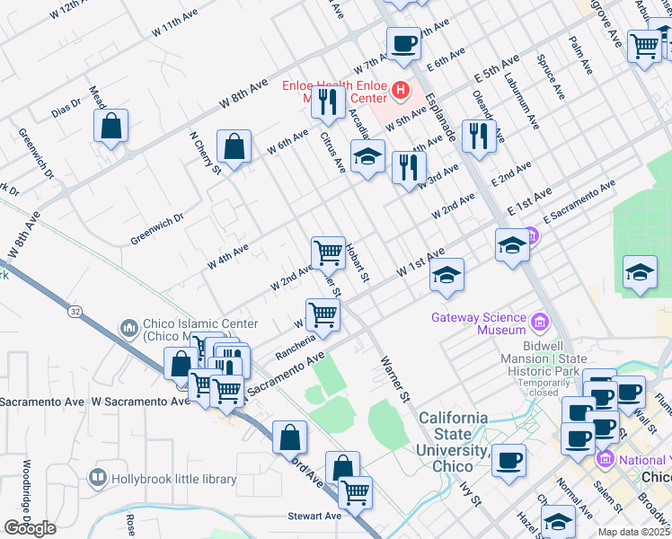 map of restaurants, bars, coffee shops, grocery stores, and more near 536 West 2nd Avenue in Chico
