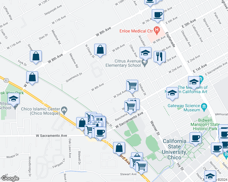 map of restaurants, bars, coffee shops, grocery stores, and more near 725 West 4th Avenue in Chico