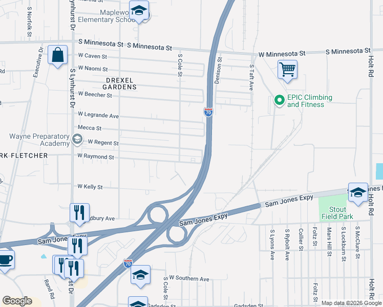 map of restaurants, bars, coffee shops, grocery stores, and more near 4820 West Regent Street in Indianapolis