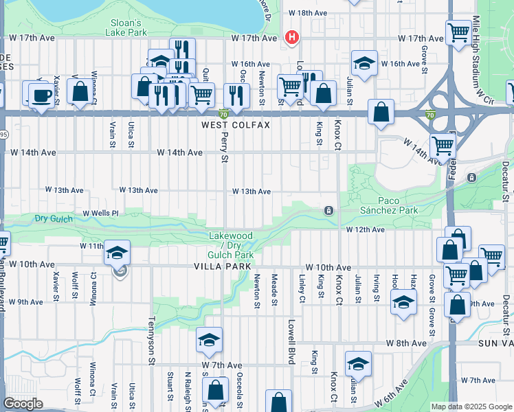 map of restaurants, bars, coffee shops, grocery stores, and more near 3848 West 13th Avenue in Denver