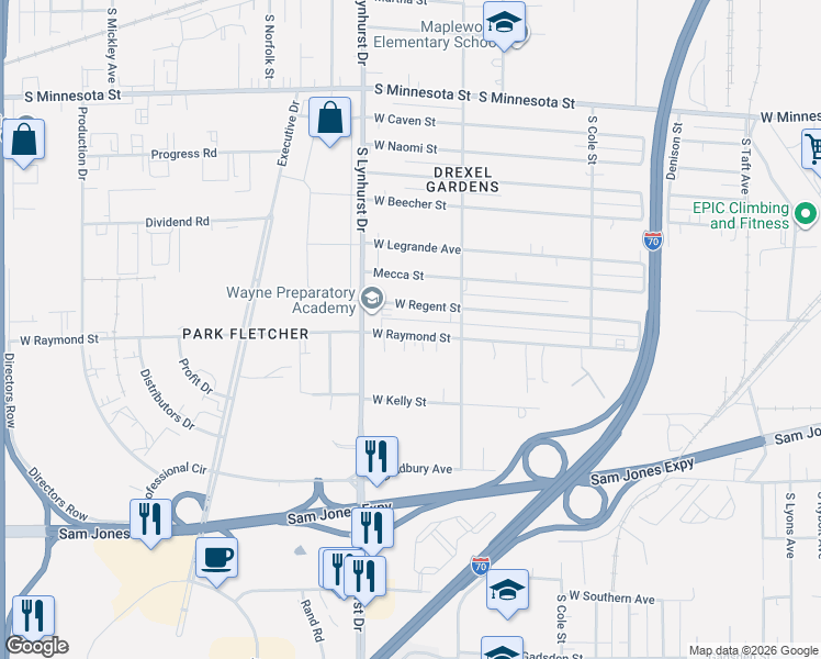 map of restaurants, bars, coffee shops, grocery stores, and more near 5205 West Regent Street in Indianapolis