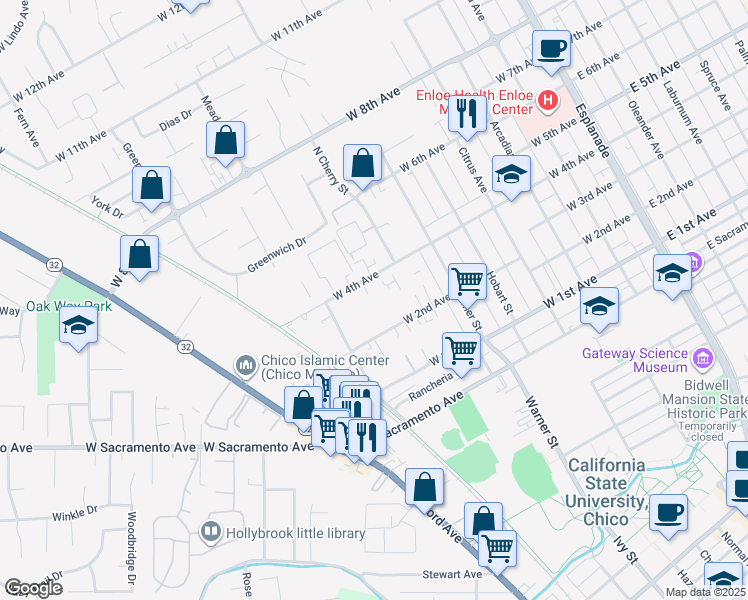 map of restaurants, bars, coffee shops, grocery stores, and more near 747 West 4th Avenue in Chico
