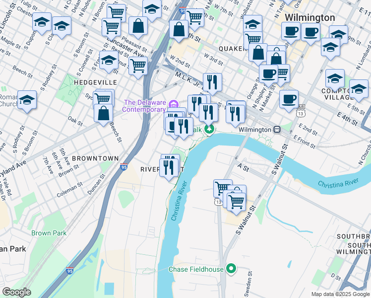 map of restaurants, bars, coffee shops, grocery stores, and more near 328 Justison Street in Wilmington