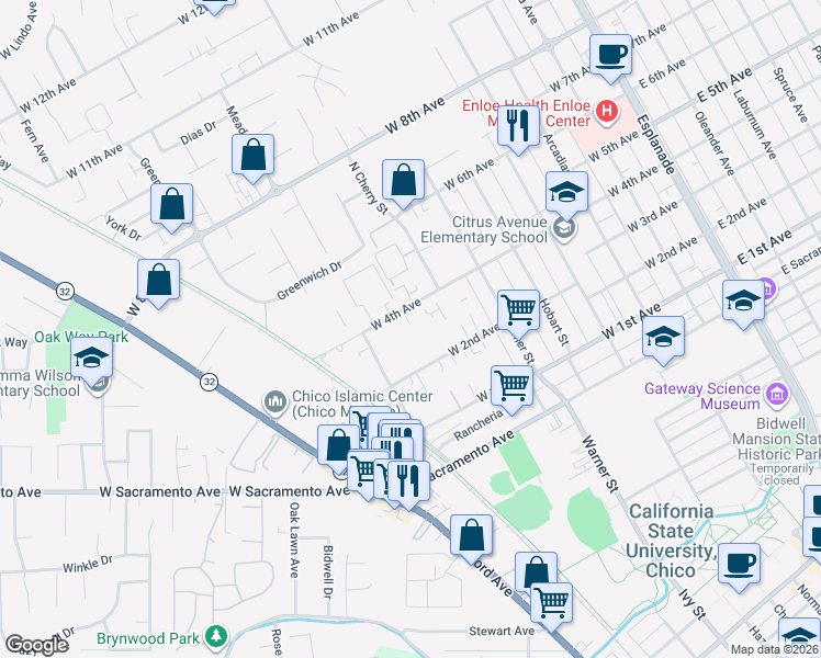 map of restaurants, bars, coffee shops, grocery stores, and more near 802 West 4th Avenue in Chico