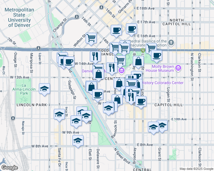 map of restaurants, bars, coffee shops, grocery stores, and more near 1250 Cherokee Street in Denver