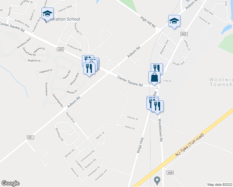 map of restaurants, bars, coffee shops, grocery stores, and more near 101 Village Green Drive in Woolwich Township