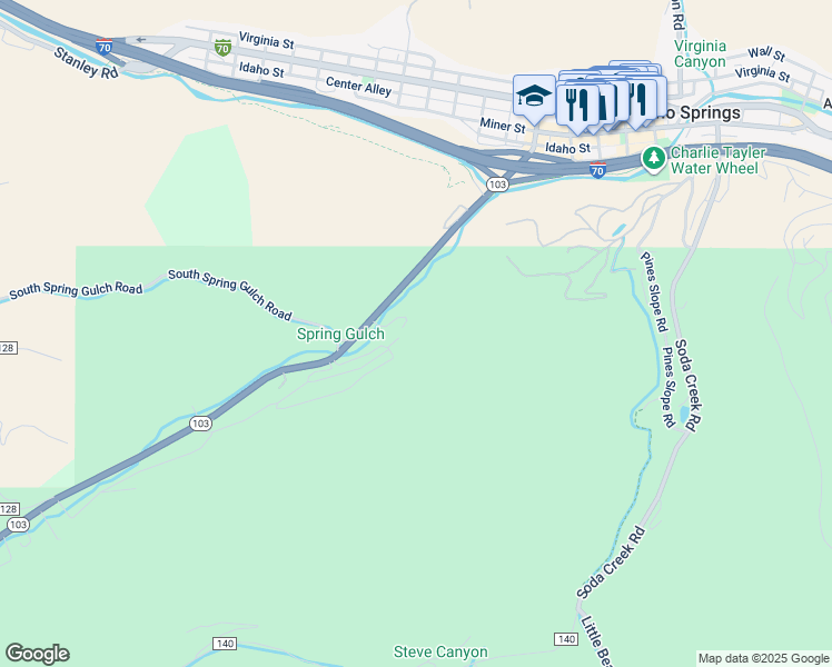 map of restaurants, bars, coffee shops, grocery stores, and more near 131 Red Fox Lane in Idaho Springs