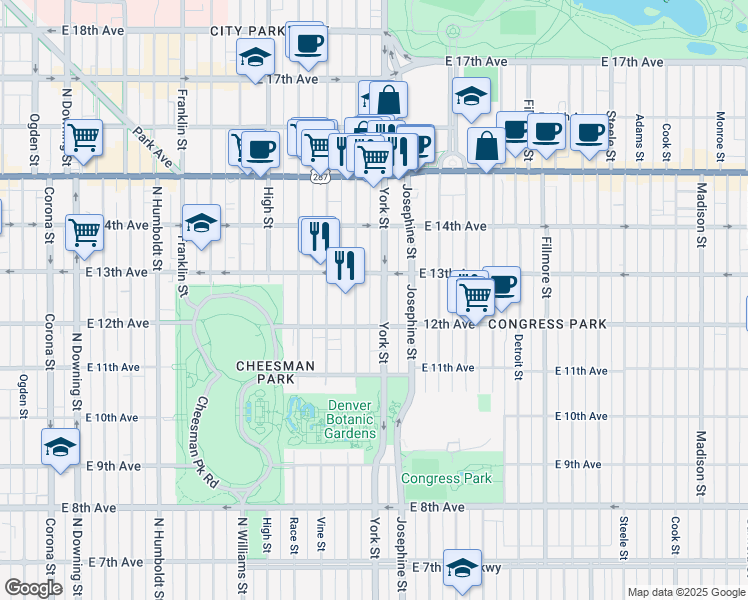 map of restaurants, bars, coffee shops, grocery stores, and more near 1260 York Street in Denver