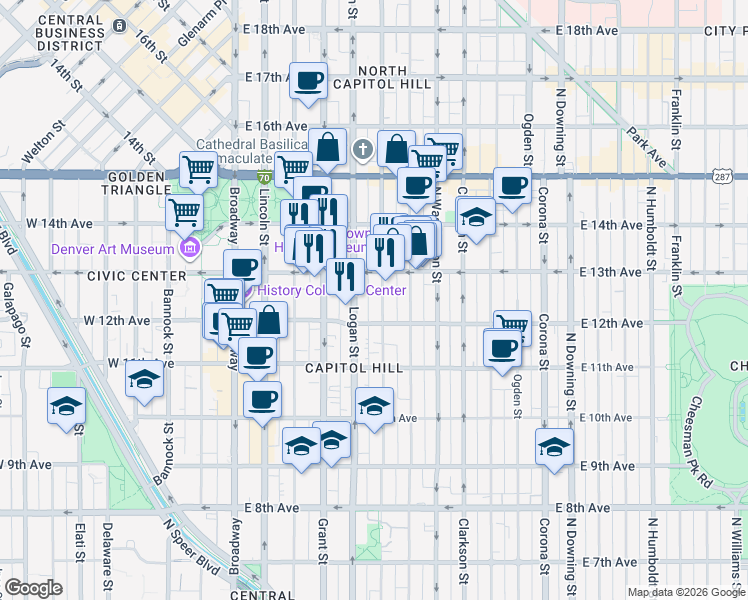 map of restaurants, bars, coffee shops, grocery stores, and more near 1250 Logan Street in Denver
