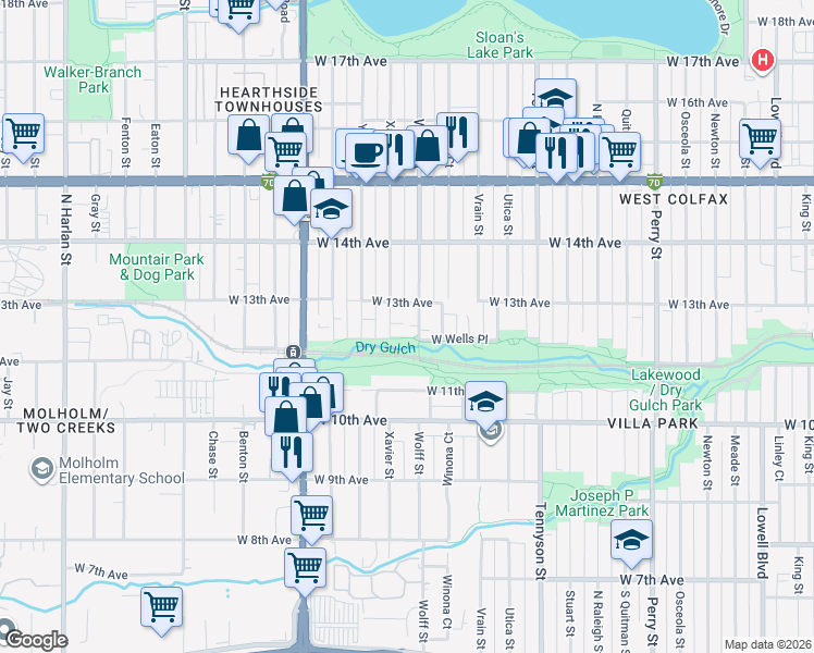 map of restaurants, bars, coffee shops, grocery stores, and more near 4860 West 13th Avenue in Denver