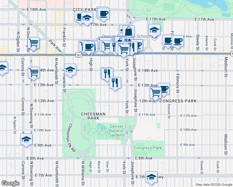 map of restaurants, bars, coffee shops, grocery stores, and more near 1272 North Gaylord Street in Denver