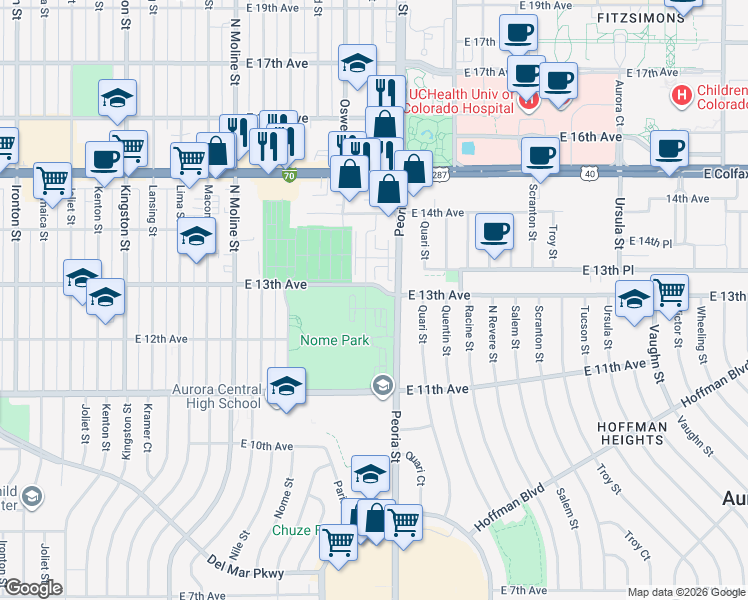 map of restaurants, bars, coffee shops, grocery stores, and more near 12001 East 13th Avenue in Aurora