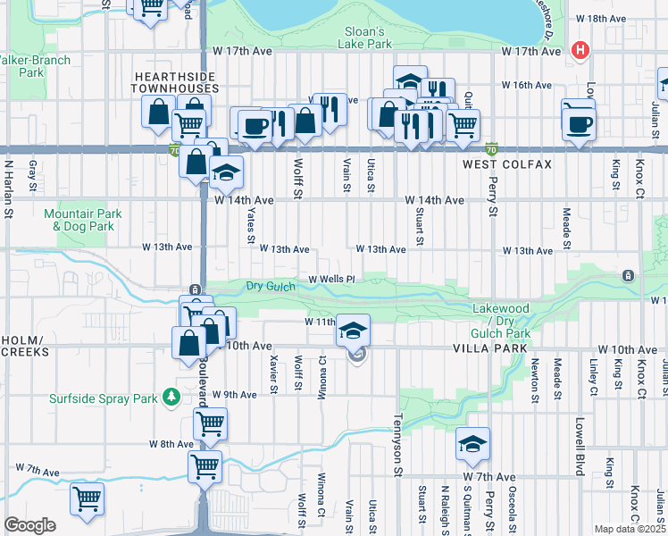 map of restaurants, bars, coffee shops, grocery stores, and more near 1255 Vrain Street in Denver