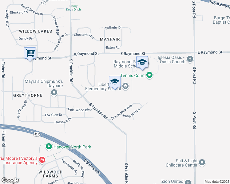 map of restaurants, bars, coffee shops, grocery stores, and more near 8425 East Raymond Street in Indianapolis