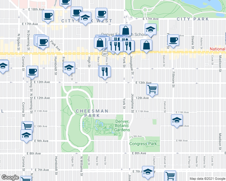map of restaurants, bars, coffee shops, grocery stores, and more near 1243 Gaylord Street in Denver