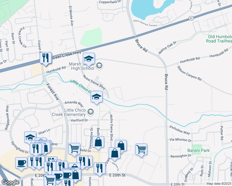 map of restaurants, bars, coffee shops, grocery stores, and more near 2265 Maclovia Avenue in Chico