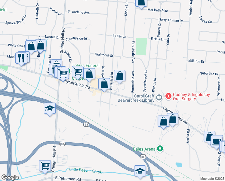 map of restaurants, bars, coffee shops, grocery stores, and more near 1548 North Central Drive in Beavercreek